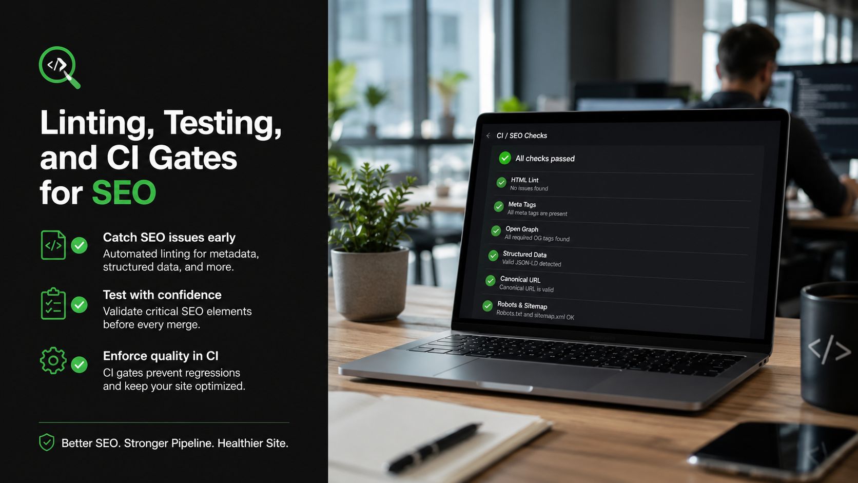 A laptop screen displaying an automated CI SEO testing interface with green checkmark status indicators.